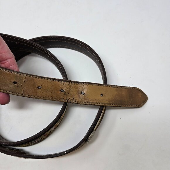 Vintage 46" Brown Leather Belt With Woven Southwestern Pattern & Silver Coin - Picture 5 of 7